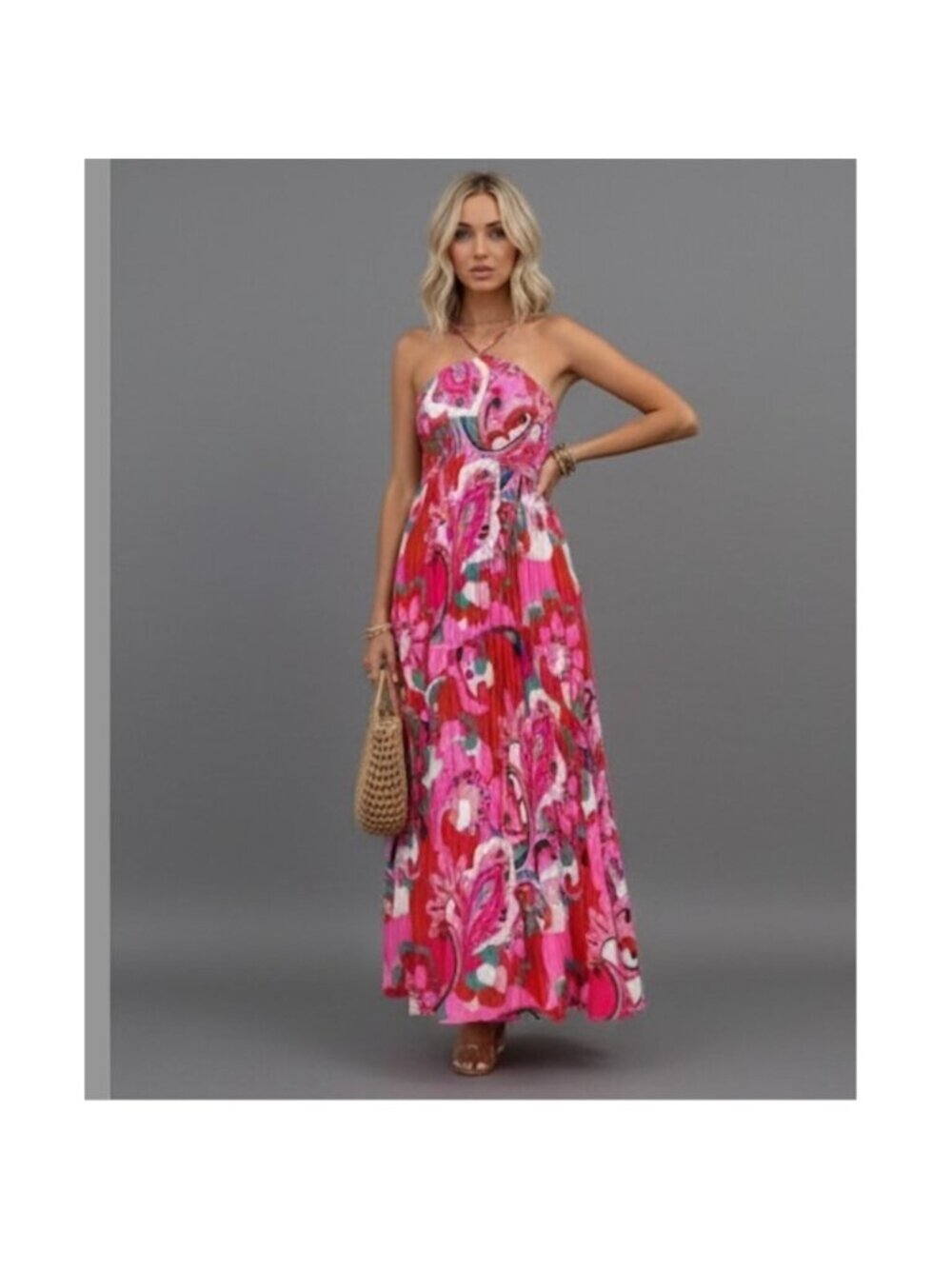 Floral Print Pleated Hem Shirred Halter Neck Dress